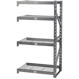 The Draper Expert Heavy Duty Steel 4 Shelving Extension Unit, MSUHD104E/PRO, measuring 1040 x 610 x 1830mm, offers four perforated shelves and a modular design for versatile use.