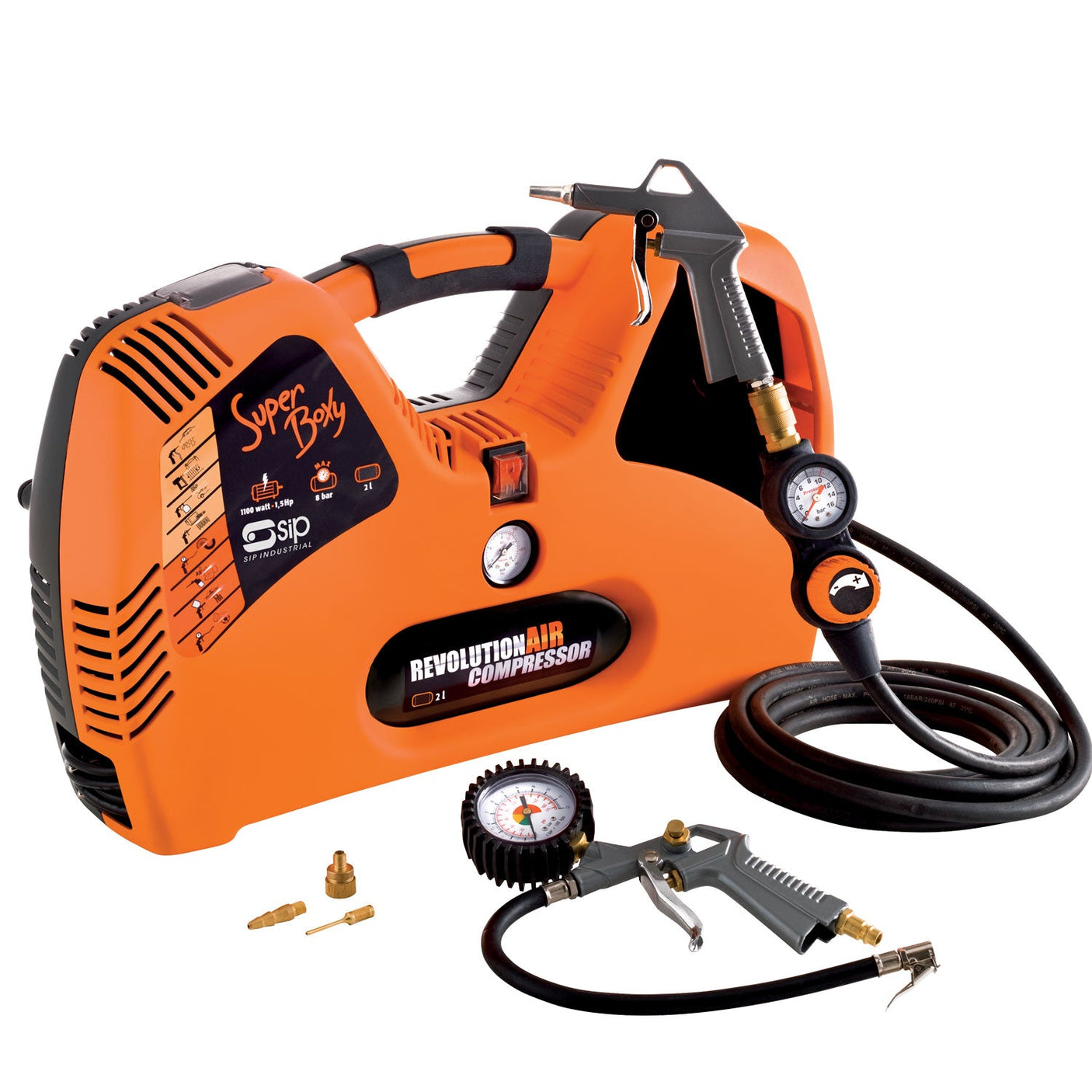 The SIP - Super Boxy Direct Drive Air Compressor, model SIP-05291, is an orange portable device featuring an attached hose and pressure gauge. This lightweight design boasts an oil-free system for easy maintenance. Accessories include a FREE 6-piece air kit, additional nozzles, and a separate pressure gauge tool.