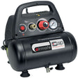 The SIP - 6 Direct Drive Compressor (SIP-05295) by SIP is a black air compressor featuring a control panel, pressure gauge, and carrying handle. It boasts a cylindrical tank adorned with labels and is equipped with rubber suction feet for added stability. Designed for low-pressure and low-volume tasks, this lightweight and compact unit offers an oil-free system for easy maintenance.