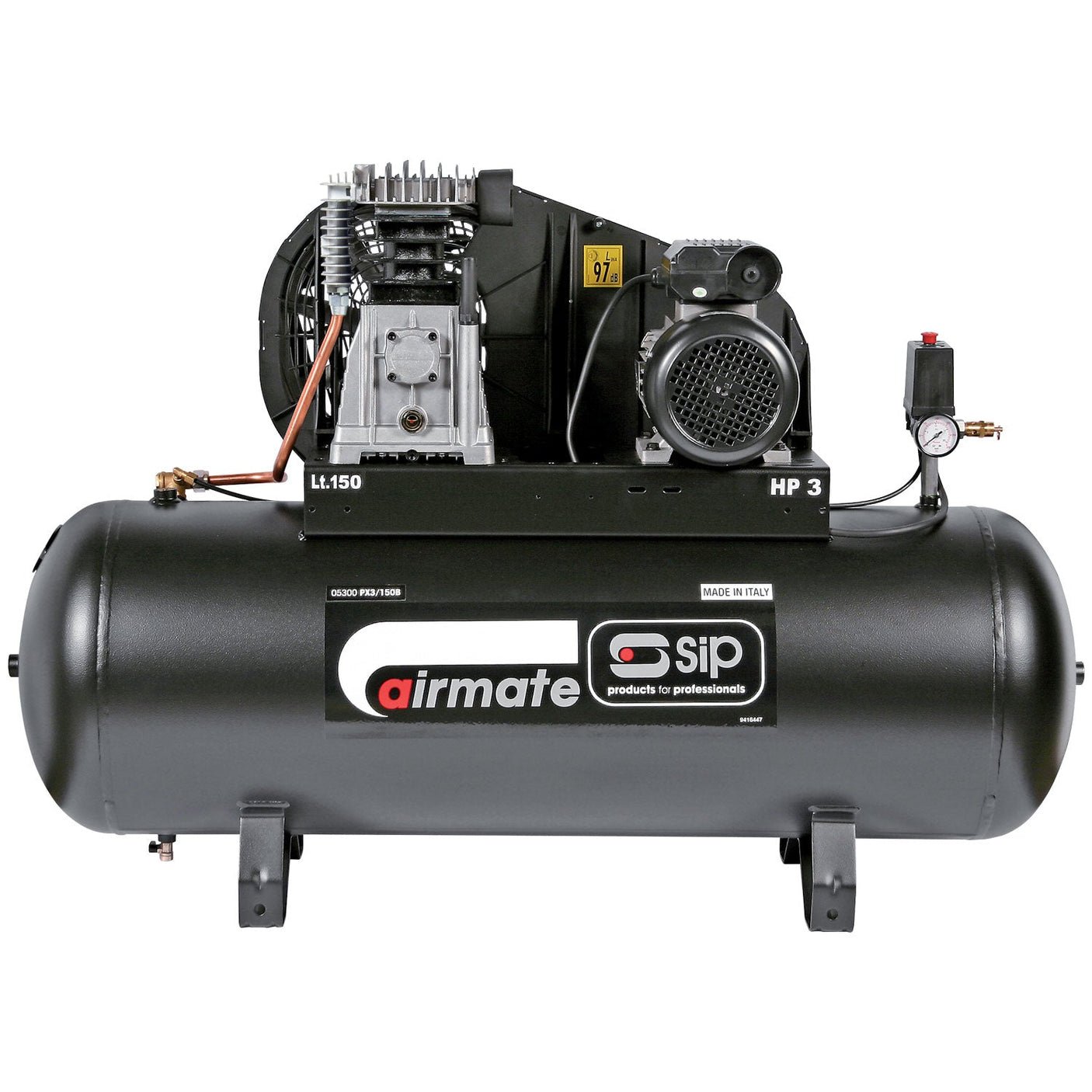 A black, heavy-duty air compressor with a cylindrical tank labeled "SIP - PX3/150-SRB Belt Drive Compressor - SIP-05300," featuring gauges, a motor, and an aluminium aftercooler for moisture reduction.