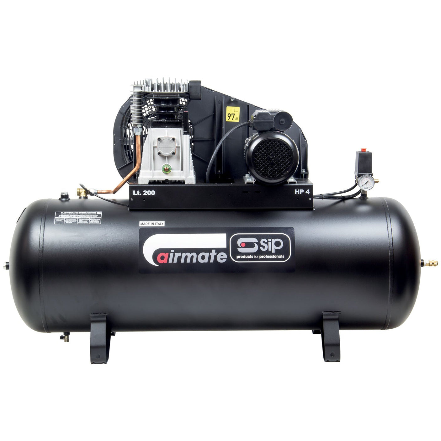 A large black, high-performance air compressor with the product name "SIP - PX4/200B Belt Drive Compressor - SIP-05308" and the brand name "SIP" displayed on the tank. This oil-lubricated unit features an attached motor, pressure gauge, and various valves and connectors.