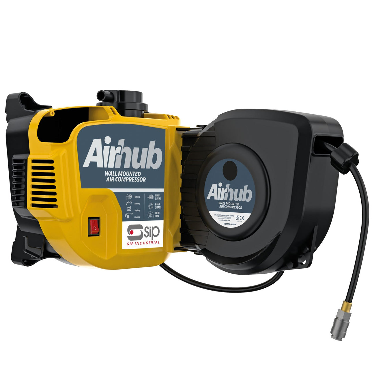 This image shows the SIP AirHub Wall-Mounted Direct Drive Compressor | IP-05323, branded by SIP. The compressor features a yellow and black housing, operates at low-noise levels, and includes a 9-meter retractable hose for connecting to air tools or other equipment.