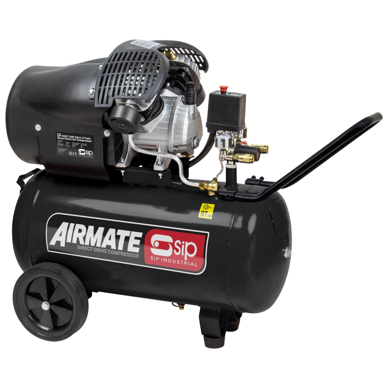 The SIP DDVT 3hp 50ltr V-Twin Direct Drive Compressor | IP-05325 by SIP is a black industrial compressor with a direct-drive motor, mounted on two wheels and a small stand. It features a handle and various attachment points, while its V-twin design ensures powerful performance for demanding tasks.