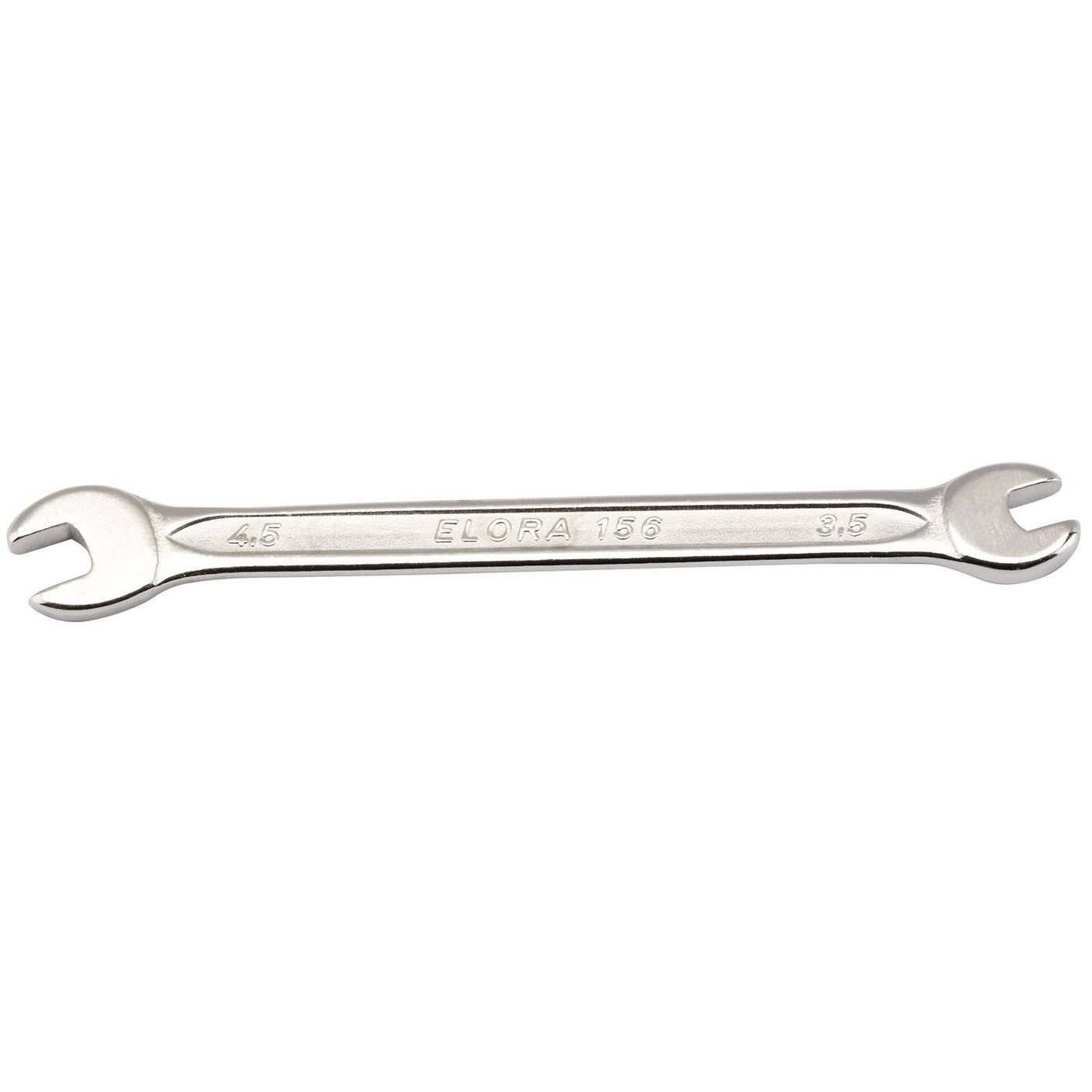 A Draper Elora Midget Metric Double Open End Spanner, marked "156-3,5x4,5" in the center and featuring sizes 3.5 on one end and 4.5 on the other, crafted from durable chrome vanadium steel for enhanced corrosion protection, perfect for use in limited space.