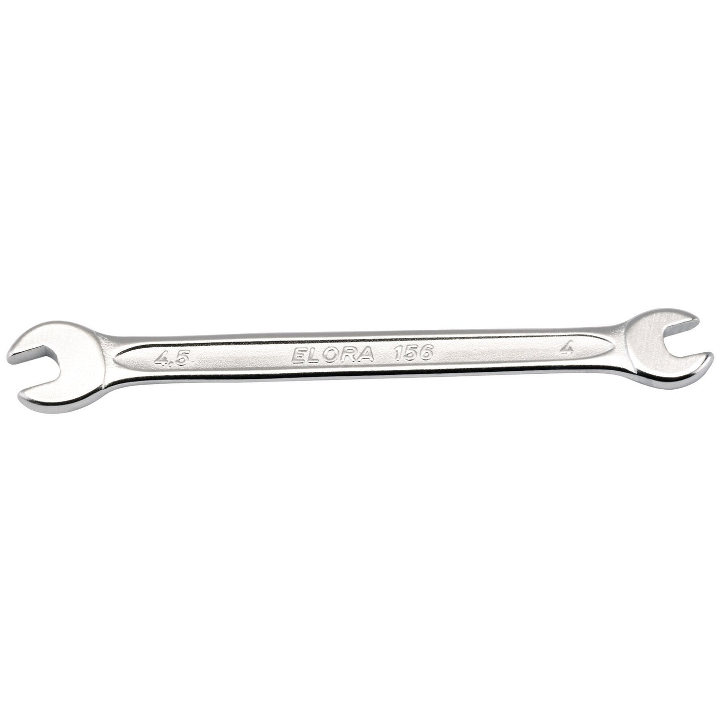 A Draper Elora Midget Metric Double Open End Spanner, 4 X 4.5mm - 156-4x4,5, with sizes "4.5" and "4" inscribed on it, crafted from durable chrome vanadium steel for excellent corrosion protection. Ideal for working in limited space.