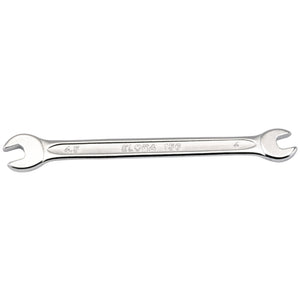 A Draper Elora Midget Metric Double Open End Spanner, 4 X 4.5mm - 156-4x4,5, with sizes "4.5" and "4" inscribed on it, crafted from durable chrome vanadium steel for excellent corrosion protection. Ideal for working in limited space.