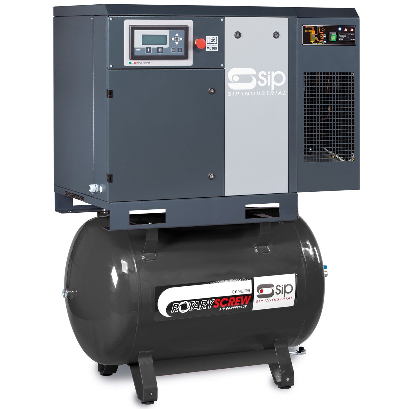 The SIP - RS75-10-270DD/RD Rotary Screw Compressor - SIP-05344 is a heavy-duty industrial unit with a high-efficiency motor and digital controls, mounted on a black air storage tank. This gray compressor prominently displays the SIP brand and product labels.