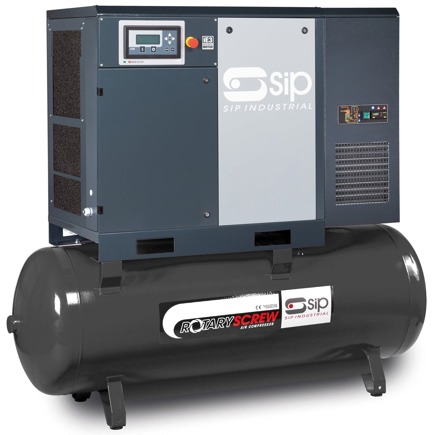 The SIP RS11-10-500DD/RD Rotary Screw Compressor (model SIP-05345) is an industrial air compressor with a high-efficiency motor and a control panel on top, prominently featuring the "SIP" branding. Mounted on a large cylindrical tank labeled "Rotary Screw Compressor," it is ideal for various industrial applications.