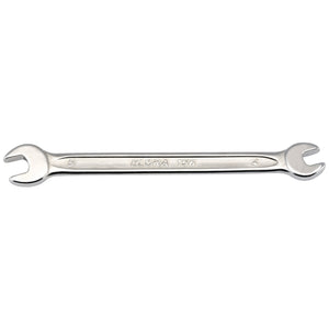 A midget metric double open-end spanner marked with "Draper Elora 156-4x5" in the center, crafted from durable chrome vanadium steel for enhanced corrosion protection.