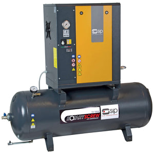 The SIP - RS40-08-200BD Rotary Screw Compressor - SIP-05372A features a high-efficiency motor, controls, and gauges located on the top unit, with a large cylindrical tank beneath. The compressor showcases a sophisticated grey and yellow design and boasts an Italian-made air end that ensures superior performance.