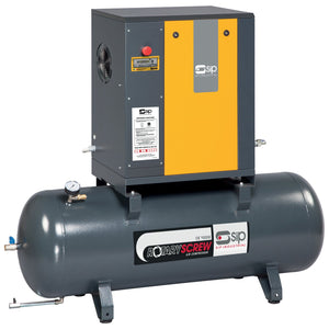 Image of an SIP - RS55-08-270BD Rotary Screw Compressor - SIP-05376A in a grey and yellow color scheme, mounted on top of a cylindrical air tank with the brand and model labels visible, featuring a high-efficiency IE3 motor for optimal performance.