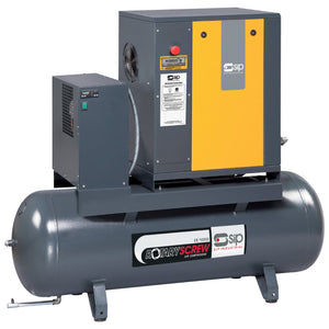 The SIP - RS40-08-200BD/RD Rotary Screw Compressor (SIP-05378A) features a gray tank at the base and a yellow and gray control unit on top, integrated with a high-efficiency motor for optimal performance.