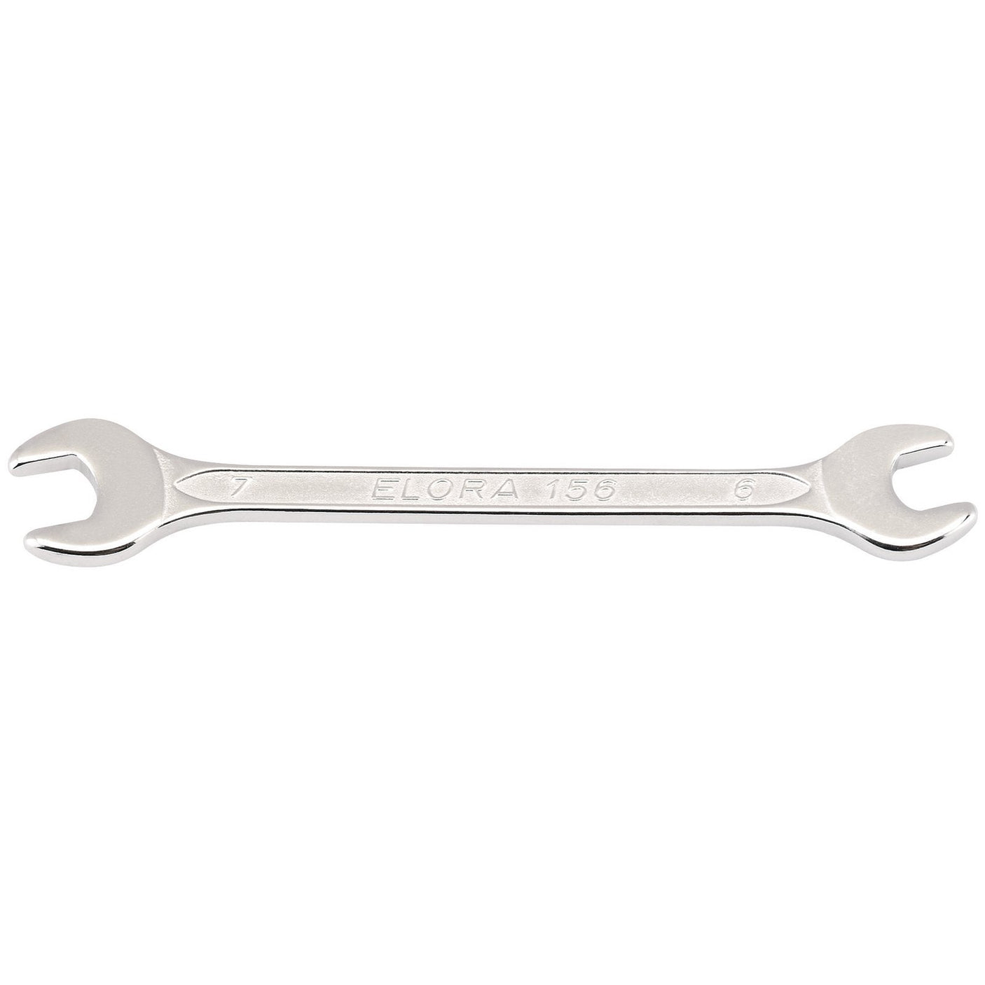 A Draper Elora Midget Metric Double Open End Spanner, 6 X 7mm - 156-6x7, crafted from chrome vanadium steel for corrosion protection, is showcased against a white background.