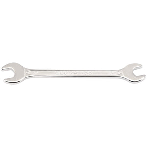 A Draper Elora Midget Metric Double Open End Spanner, 6 X 7mm - 156-6x7, crafted from chrome vanadium steel for corrosion protection, is showcased against a white background.