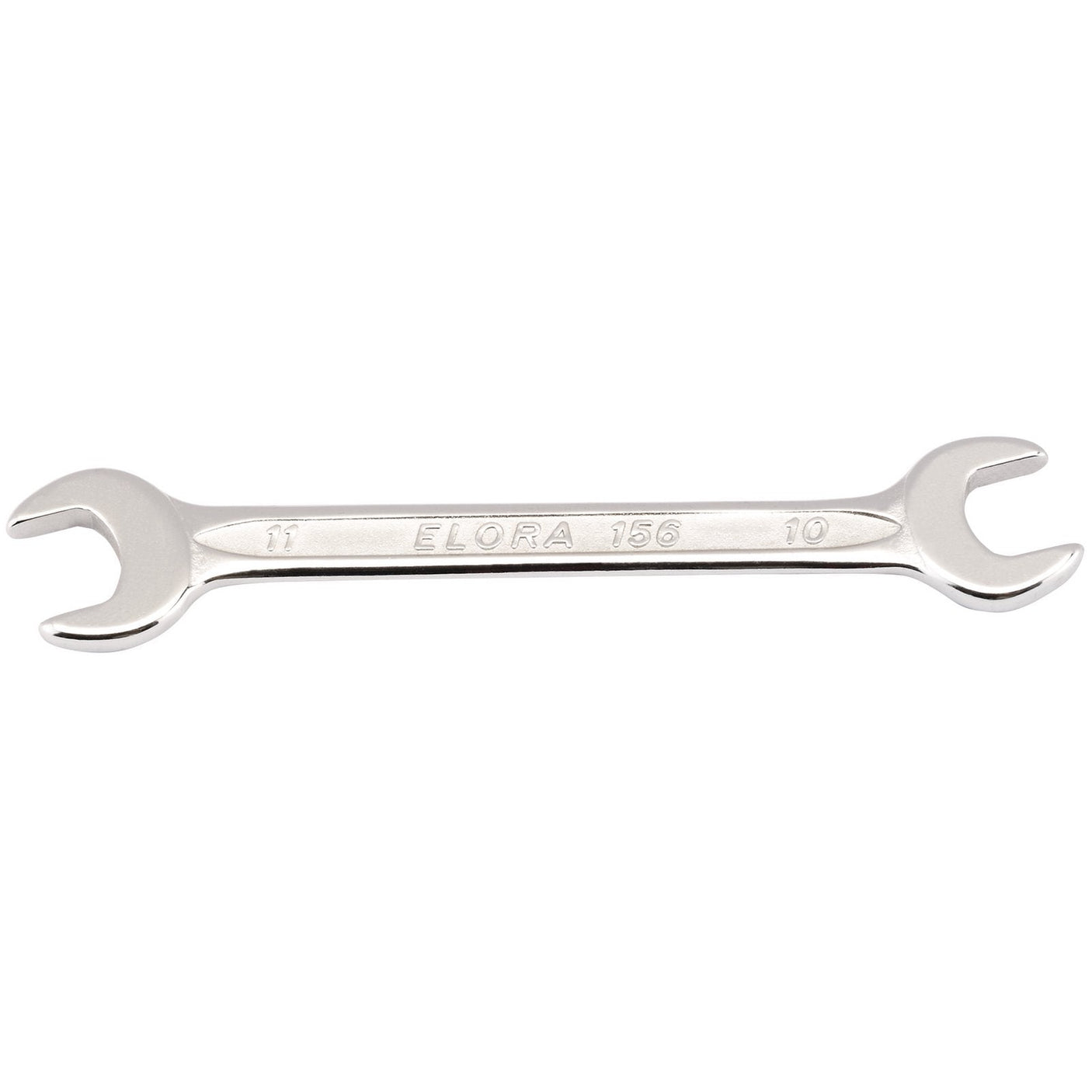 The Draper Elora Midget Metric Double Open End Spanner, 10 X 11mm - 156-10x11, is crafted from durable chrome vanadium steel and features sizes 11mm and 10mm on each end, making it ideal for limited space and offering enhanced corrosion protection.