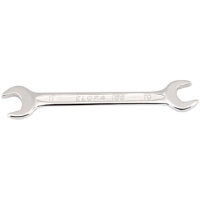 The Draper Elora Midget Metric Double Open End Spanner, 10 X 11mm - 156-10x11, is crafted from durable chrome vanadium steel and features sizes 11mm and 10mm on each end, making it ideal for limited space and offering enhanced corrosion protection.