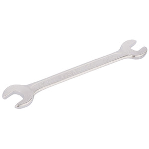 A double-ended open-end wrench with "Draper Elora Midget Double Open End Spanner" and "2 X 4 Ba - 156BA-4x2" inscribed on it, made from durable chrome vanadium steel for corrosion protection, ideal for limited space applications.