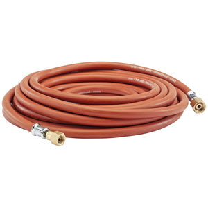 The Draper Acetylene Hose, 10M x 6mm - W738, a coiled red rubber gas hose with swivel nut connectors on both ends, is BS ISO3821 compliant and display packed.