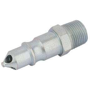 A close-up of the Draper 3/8" Male Thread Air Line Screw Adaptor Coupling (Sold Loose) - A2999 BULK, featuring a silver metal nozzle with threaded ends, ideal for mechanical or industrial applications.