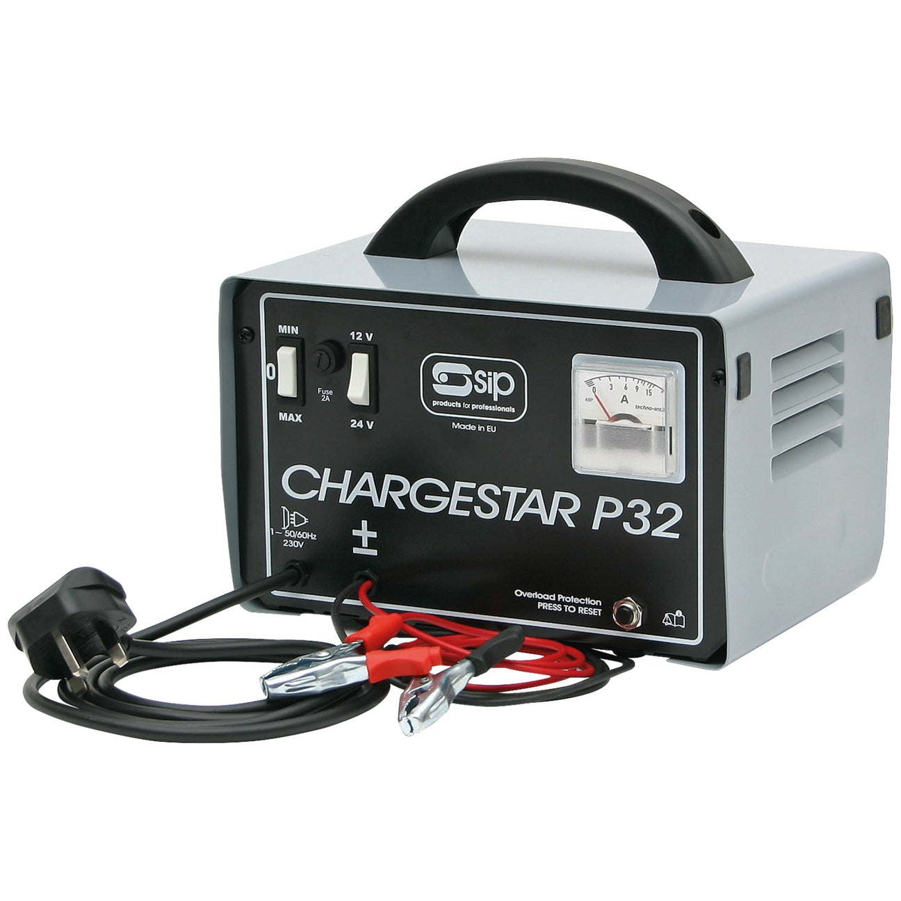 The SIP - Chargestar P32 Battery Charger - SIP-05531 by SIP is a portable battery charger that features dual voltage charging settings, an ammeter, and attached cables with clamps. It includes a power plug and a handle for easy portability, making it ideal for maintaining lead acid batteries.