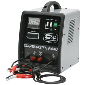 The SIP Startmaster P440 Starter Charger (model SIP-05533) is a grey unit equipped with a built-in handle, gauge, switches, and attached red and black alligator clips—ideal for jump-starting cars.