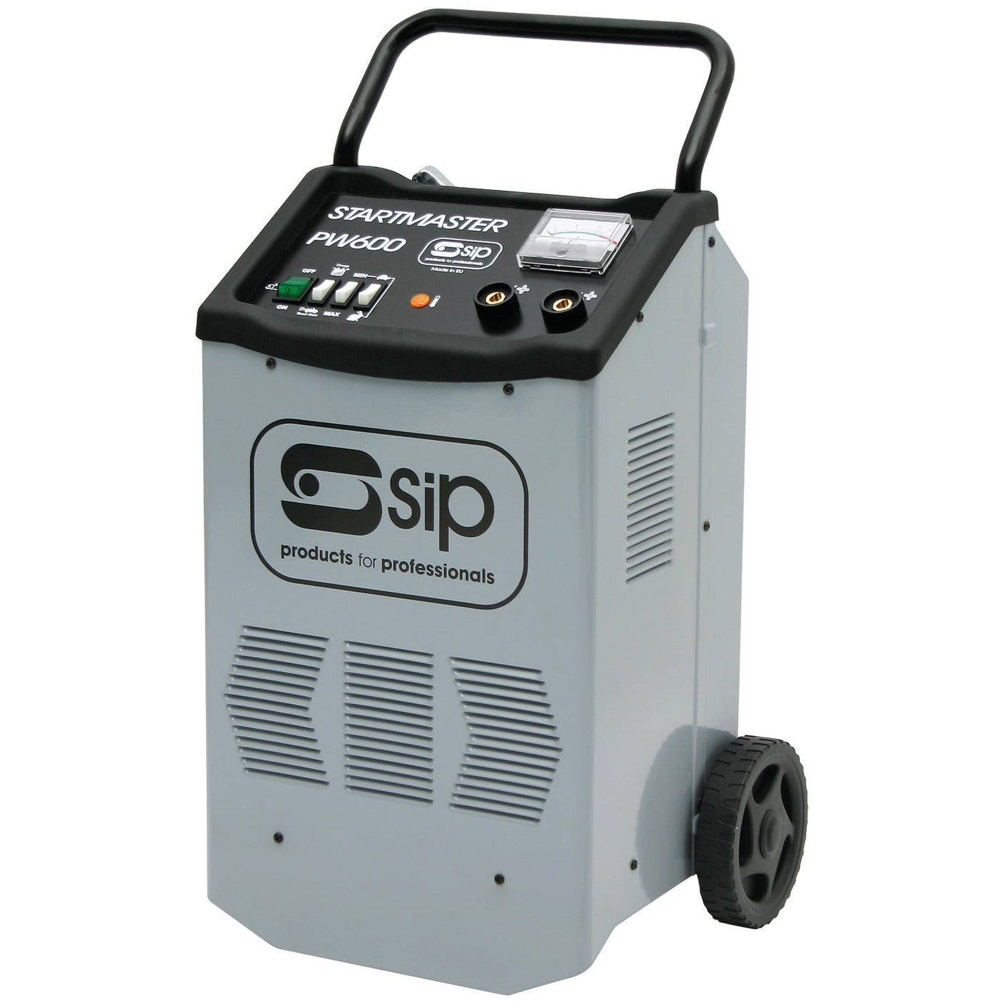 A versatile SIP - Startmaster PW600 Starter Charger (SIP-05536) equipped with a black top control panel featuring buttons, indicators, a handle, and the prominent "SIP" logo alongside the "STARTMASTER PVI600" label on its grey wheeled body. Ideal for jump-starting vehicles and compatible with Lead Acid batteries.