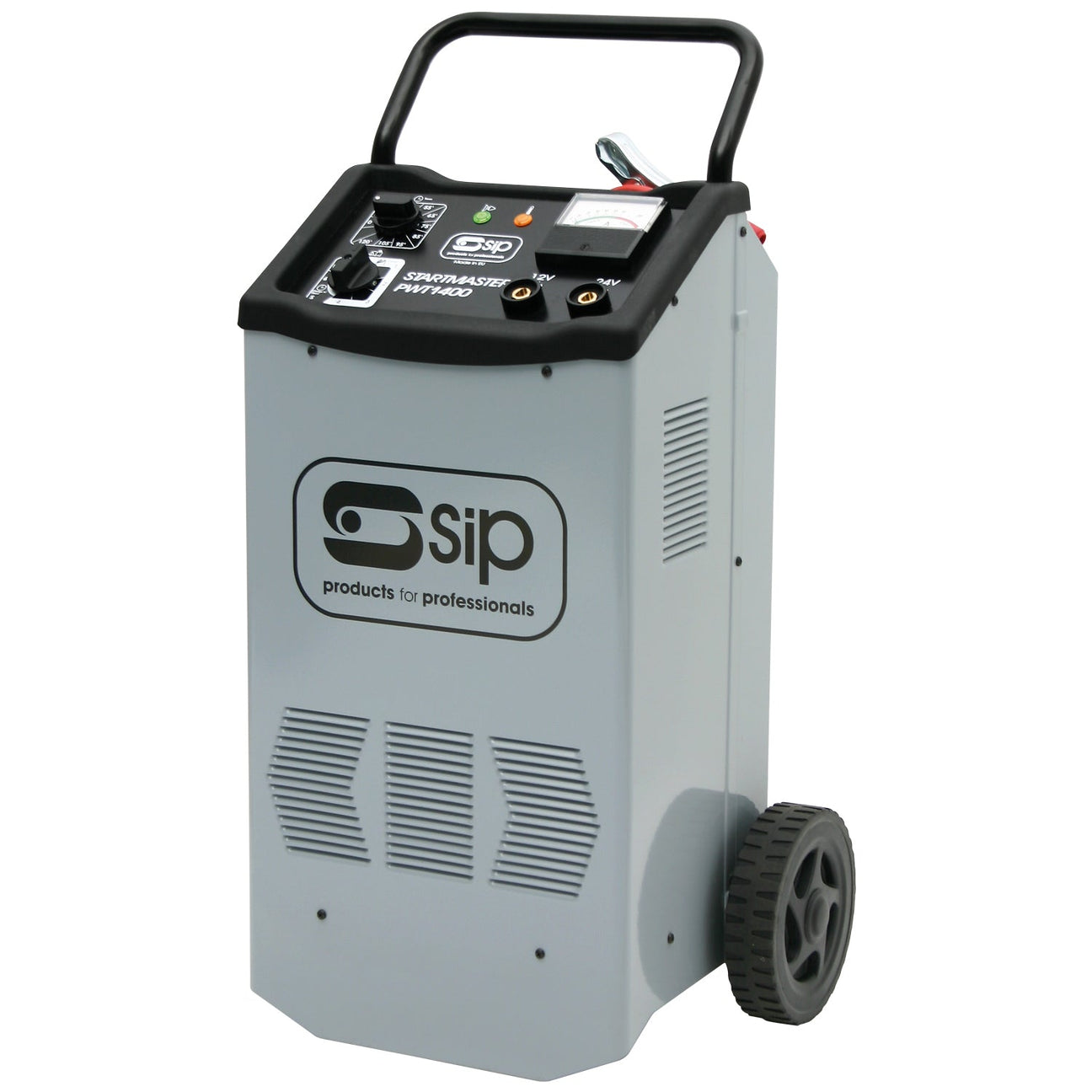 The SIP - Startmaster PWT1400 Starter Charger - SIP-05539 by SIP is a grey professional starter charger equipped with a handle and wheels, control buttons and a display on top, and ventilation grilles on the sides. It is ideal for jump-starting cars with Lead Acid batteries.