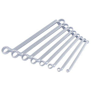 A set of eight Draper Deep Crank Metric Ring Spanners, model 110S 8M, made from chrome vanadium steel with bi-hexagon profiles and arranged side by side in ascending order.