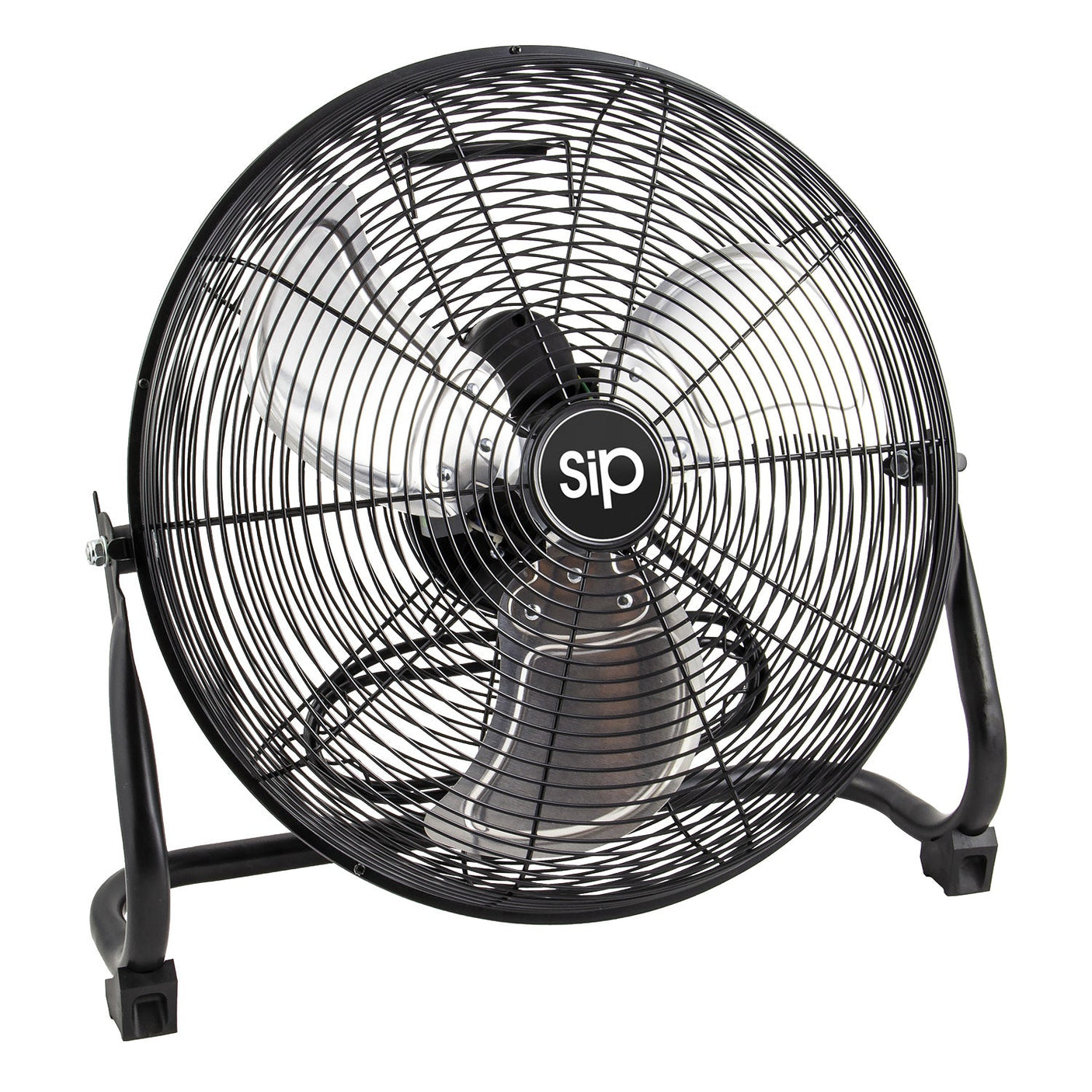 The SIP - 16" Workshop Fan (SIP-05632) is a black, circular metal fan featuring the SIP logo on the front grille and supported by two curved legs. It offers powerful ventilation with its three blades and 3-speed rotation, along with an adjustable tilt feature.