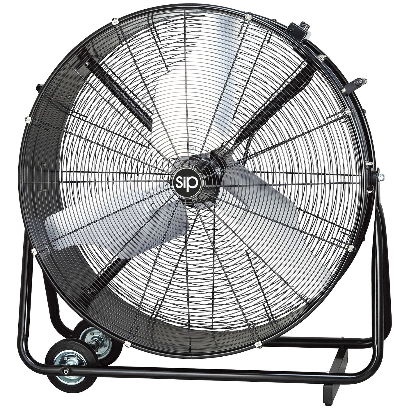 A large, black SIP - 30" Swivel Drum Fan (Model: SIP-05636) with metal blades and a protective cage sits on a wheeled stand. The center logo reads "SIP.