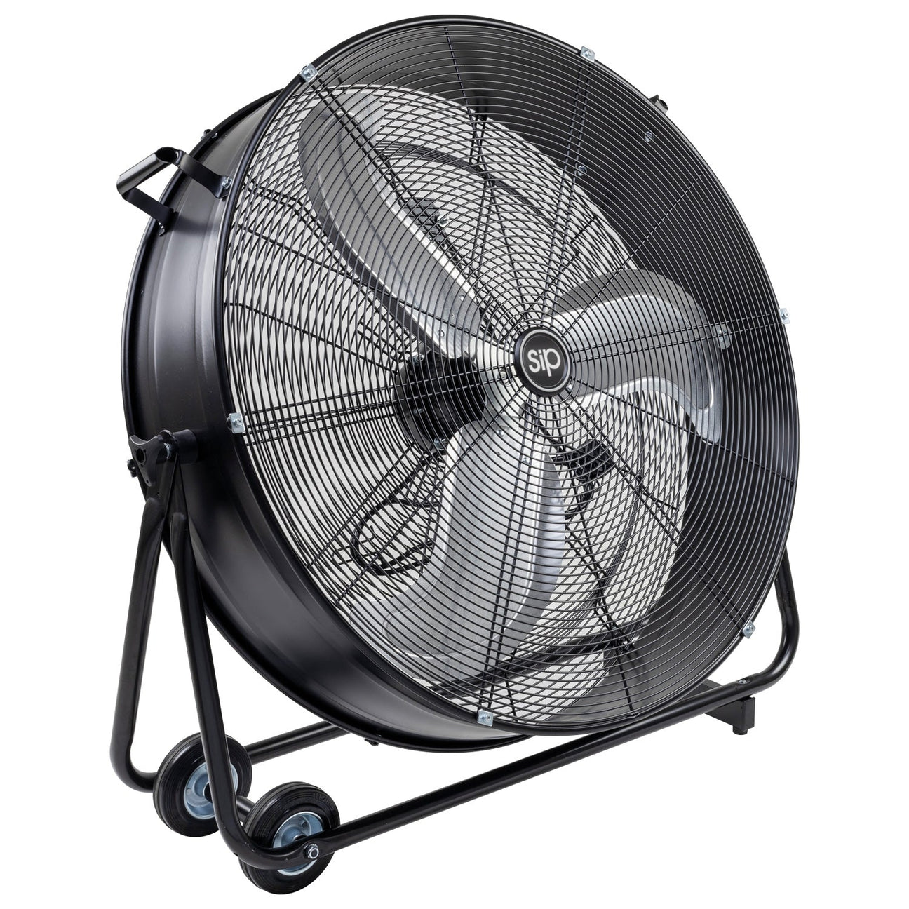 The SIP 30" Heavy-Duty Drum Fan, model IP-05639, by SIP is a robust fan equipped with metallic blades housed in a cylindrical black wire frame and mounted on a wheeled stand. Perfect for industrial settings, it offers adjustable speed airflow to meet various requirements.