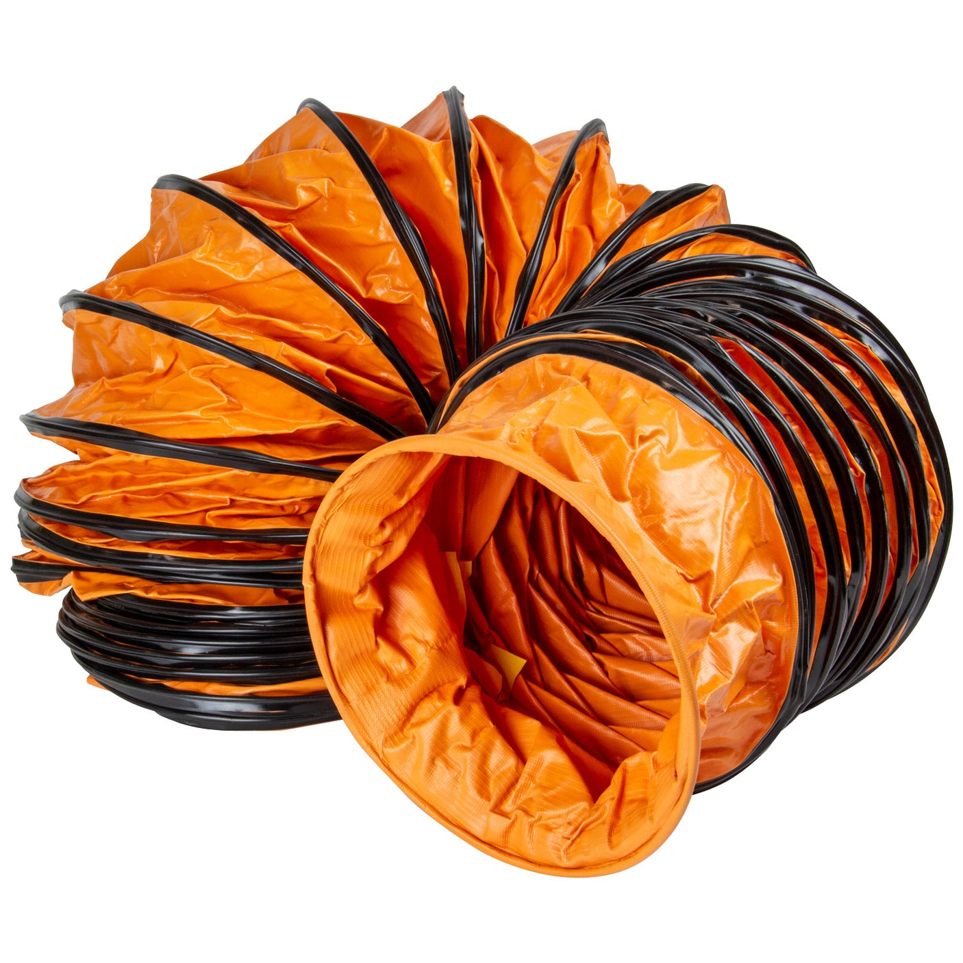 Partially extended, the orange and black accordion-style SIP - 10" 5mtr Ventilator Ducting (SIP-05642) is made from heavy-duty PVC.