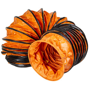 Partially extended, the orange and black accordion-style SIP - 10" 5mtr Ventilator Ducting (SIP-05642) is made from heavy-duty PVC.