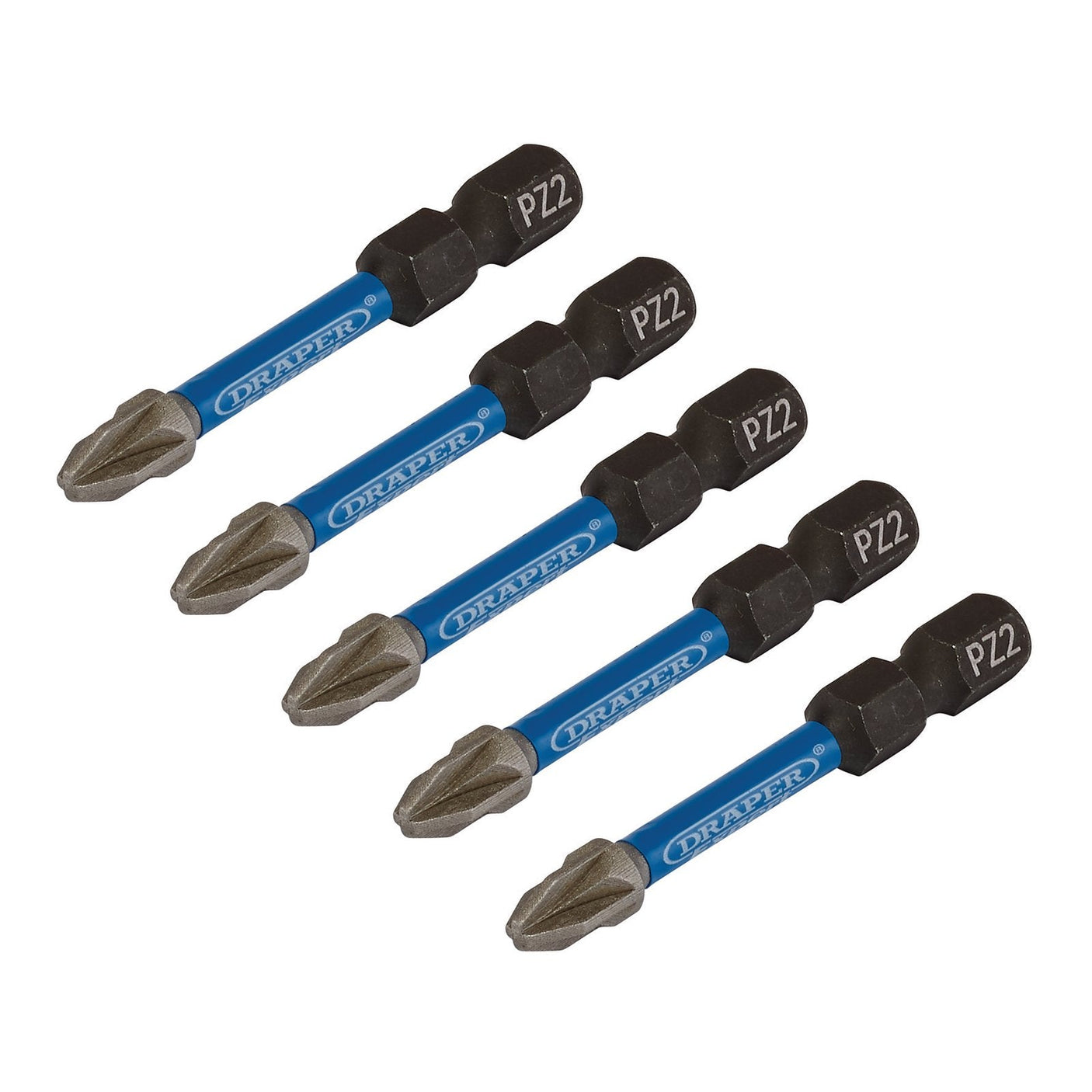 Five Draper Expert Pz-Type Impact Screwdriver Bits, No.2 X 50mm, 1/4" Hex (Pack Of 5) - IMBH/PZ50/5, crafted from durable S2 steel and featuring distinctive blue and black markings arranged in a parallel horizontal line.