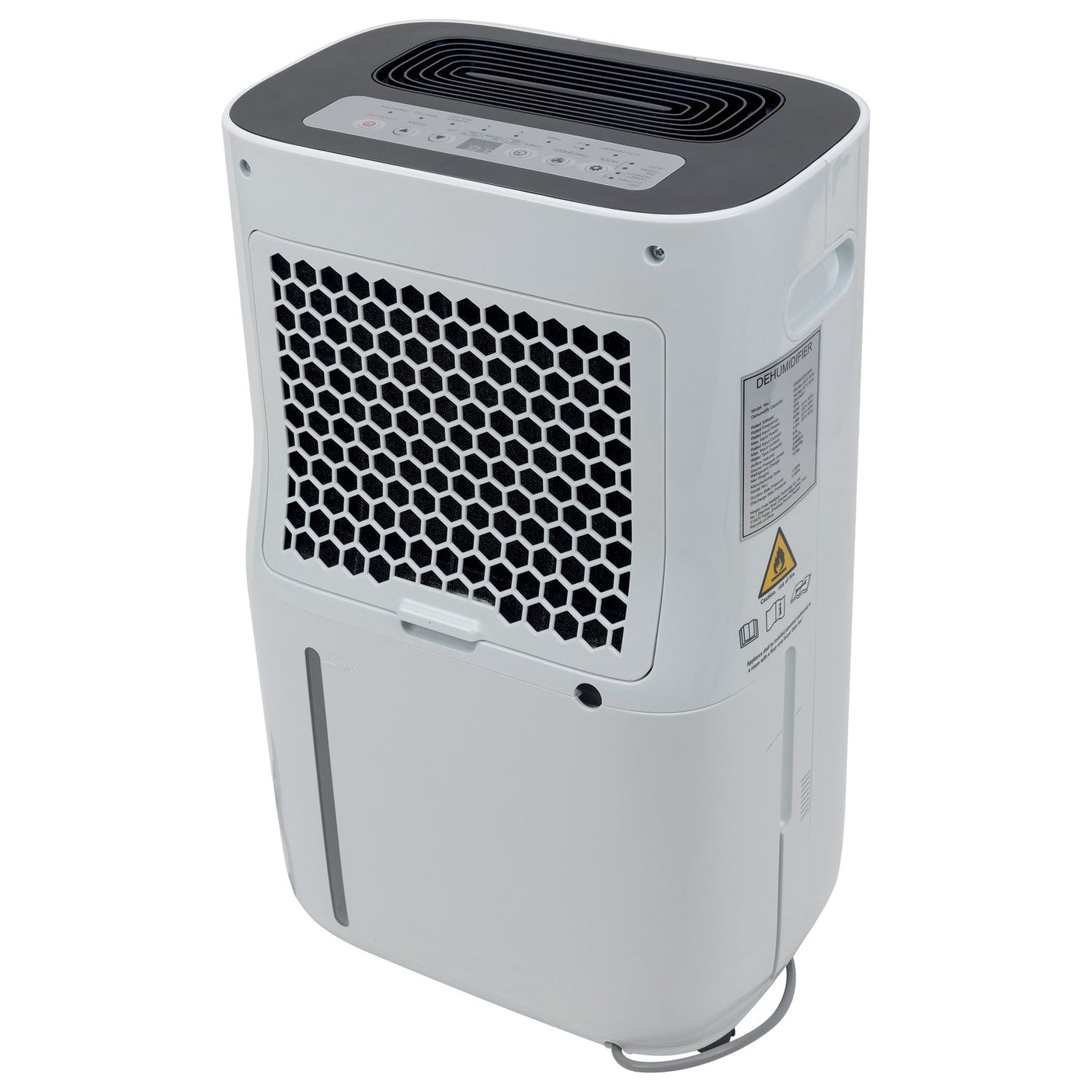 The SIP - 20ltr Dehumidifier - SIP-05648 by SIP is a white, portable dehumidifier featuring a black grill on the front and a control panel on the top. Designed for efficient moisture removal, it includes a handle on the side and a power cord at the bottom for easy maneuverability.