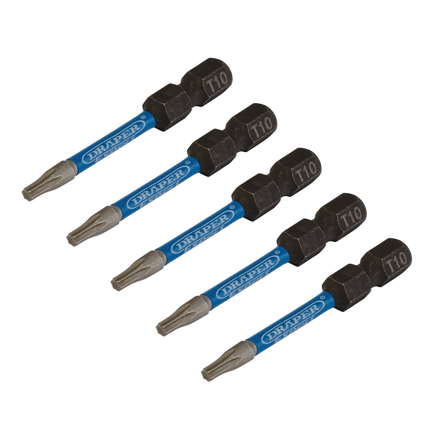 A pack of five Draper Expert Tx-Star® Impact Screwdriver Bits, T10 x 50mm with a 1/4" hex, featuring blue and black markings and arranged in two rows, made from durable S2 steel.