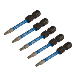 A pack of five Draper Expert Tx-Star® Impact Screwdriver Bits, T10 x 50mm with a 1/4" hex, featuring blue and black markings and arranged in two rows, made from durable S2 steel.