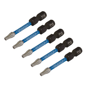 Five T15 Torx screwdriver bits with a silver and black design, featuring blue "Draper Expert" labeling, are arranged in a diagonal row on a white background. Perfect for your Torx fixing systems, these Draper Expert TX-STAR® Impact Screwdriver Bits (T15 x 50mm, 1/4" Hex) ensure durability and precision.