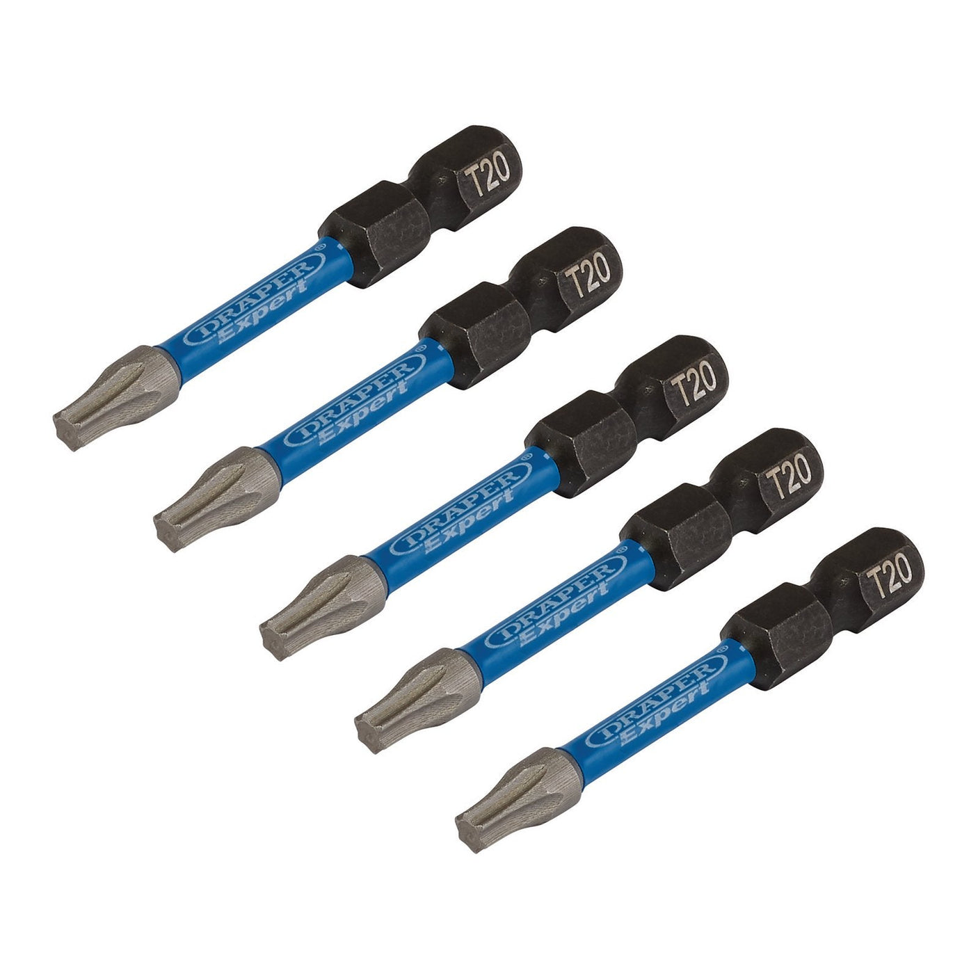 Five T20 screwdriver bits with "Draper Expert" branding, blue accents, and S2 steel construction.