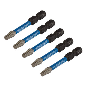 Five Draper Expert Tx-Star® Impact Screwdriver Bits (T25 x 50mm, 1/4" Hex) from Draper, featuring durable S2 steel construction and blue and black labeling, are arranged in two rows on a white background.