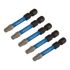 Five blue and silver Draper Expert Tx-Star® Impact Screwdriver Bits, T27 x 50mm, 1/4" Hex (Pack of 5), arranged in a staggered formation against a white background.