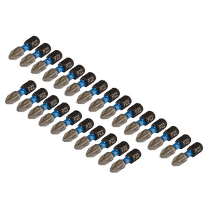 A set of 25 Draper Expert Pz-type impact screwdriver bits, each measuring No.2 x 25mm with a 1/4" hex shank, made from durable S2 steel and arranged in four rows on a white background. Each bit is labeled "PZ2," ensuring compatibility with your impact driver.