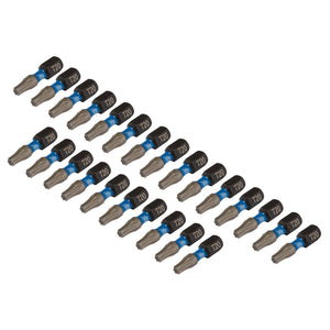 A pack of twenty-five Draper Expert Tx-Star® Impact Screwdriver Bits, T20 X 25mm with a 1/4" hex, arranged in four rows and made from durable S2 steel.