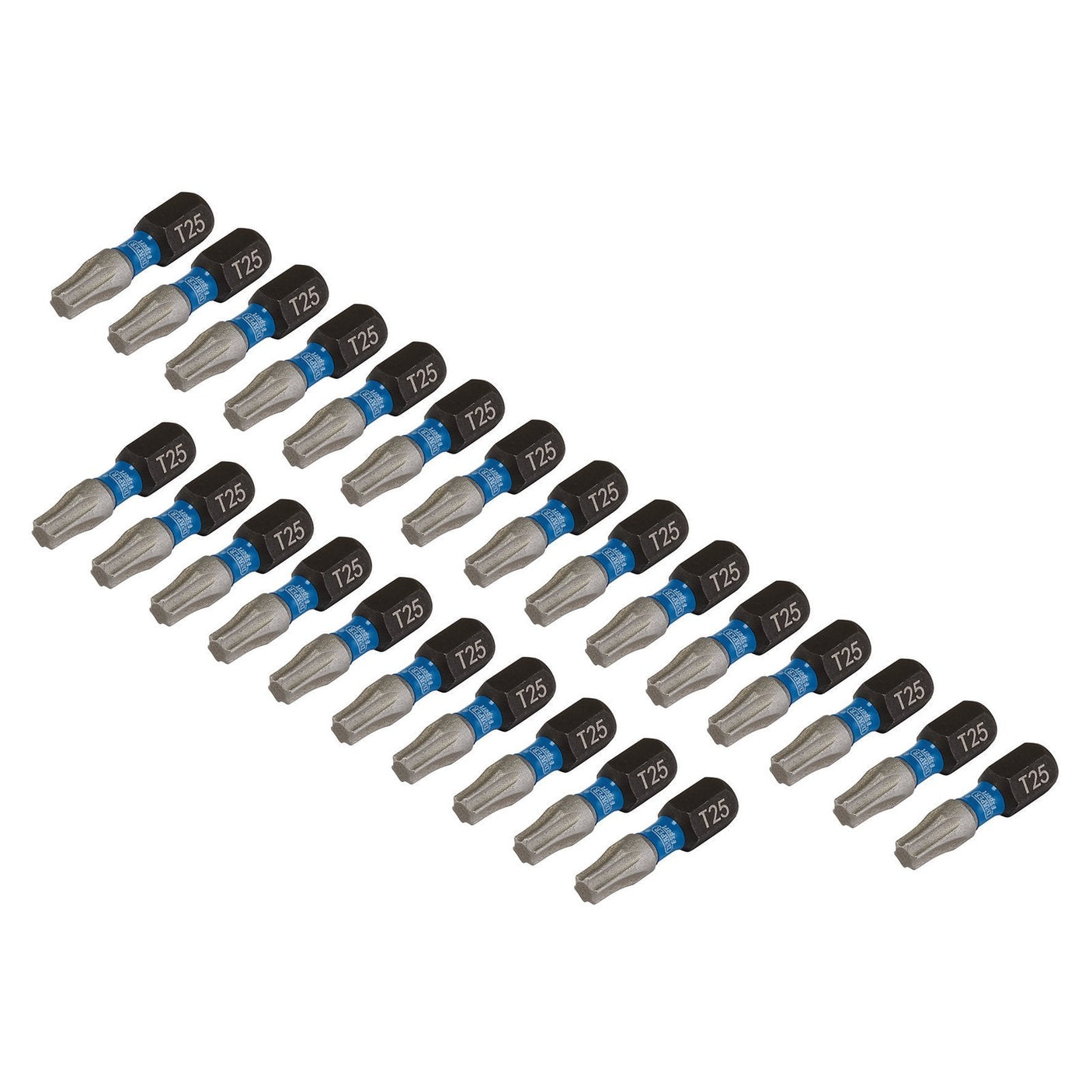 A pack of 25 Draper Expert Tx-Star® Impact Screwdriver Bits, T25 x 25mm with a 1/4" hex.