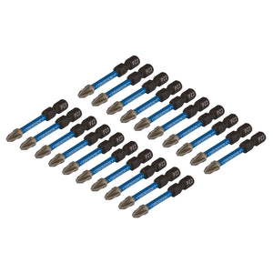 A pack of twenty blue and silver Draper Expert Pz-Type Impact Screwdriver Bits, No.2 X 50mm, featuring a shock-absorbing torsion design and "PZ2" markings, arranged in a neat grid pattern.