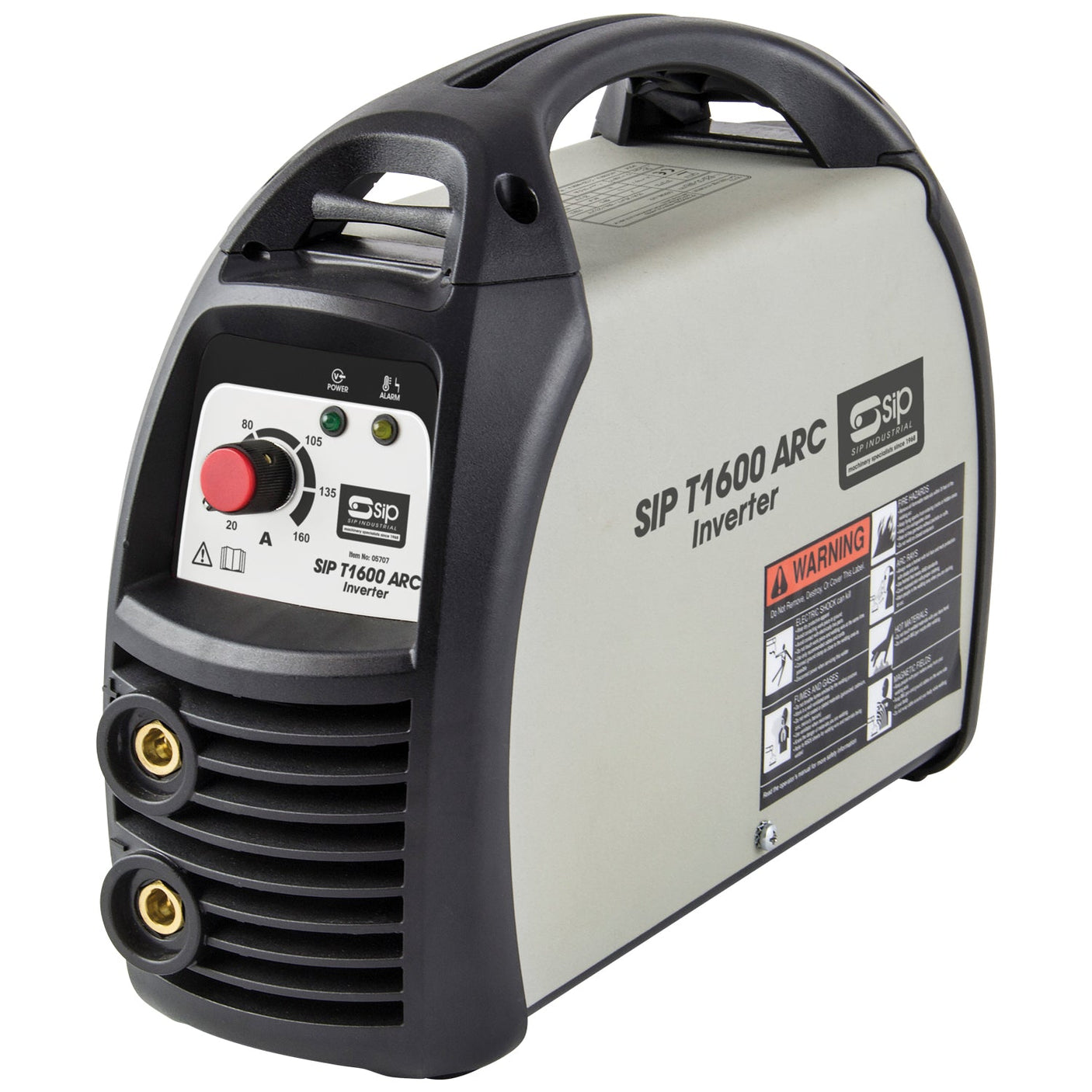 The SIP - T1600 ARC/TIG Inverter Welder - SIP-05707 by SIP features a sleek black handle and control panel with clearly labeled warnings on the side. This portable welder is designed for versatility and ease of use.