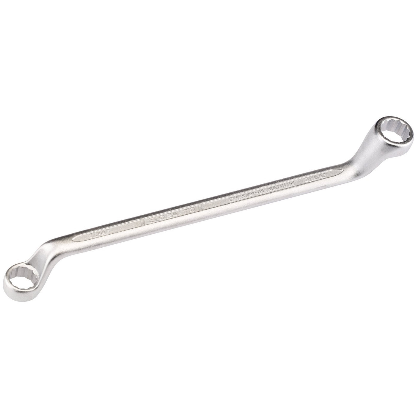 Introducing the Draper Elora Deep Crank Imperial Ring Spanner, 1/2 X 9/16" - 110A-1/2x9/16 by Draper, a double-ended box wrench with slightly angled heads at each end, crafted from durable chrome vanadium steel for exceptional corrosion protection.