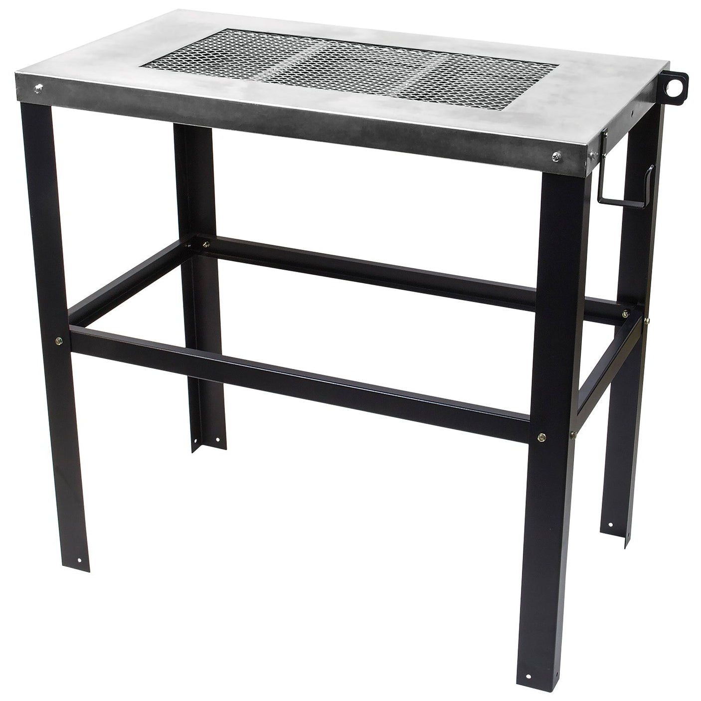 The SIP Welding & Cutting Table (Model SIP-05709) by SIP features a black and silver design with a perforated metal top and sturdy metal frame, complemented by a horizontal support bar underneath—perfect for welding or other metalwork applications.