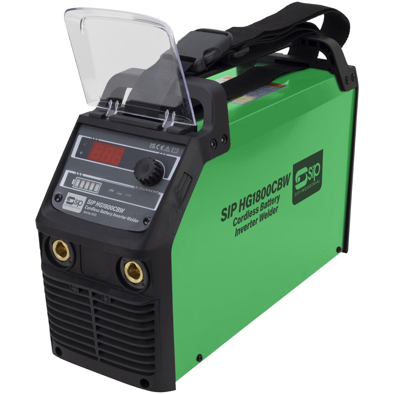 A green and black battery-powered inverter welder with advanced inverter technology, featuring a digital display, labeled "SIP HG1800CBW Battery-Powered Inverter Welder | IP-05712" from SIP, and a convenient carrying strap on top.