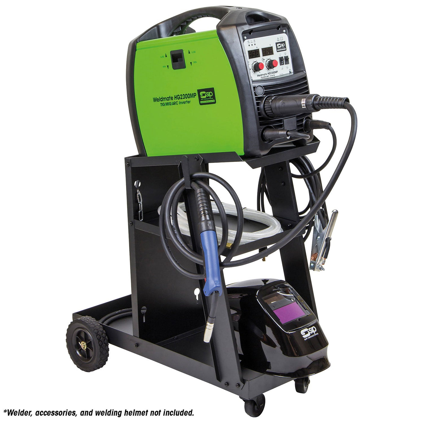 Green and black welding machine mounted on the sturdy, heavy-duty SIP - 3 Tier Welding Cart - SIP-05714 by SIP, featuring storage shelves. Text at the bottom notes that accessories and helmet are not included.